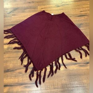 Women’s Pullover Poncho Burgundy One Size Deep Red Rabbit Fur Fringe